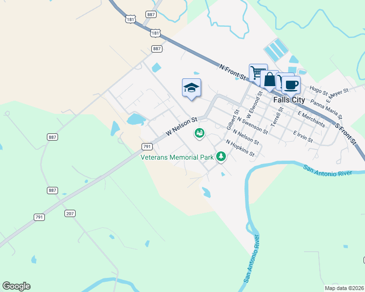 map of restaurants, bars, coffee shops, grocery stores, and more near 509 North Wilma Street in Falls City
