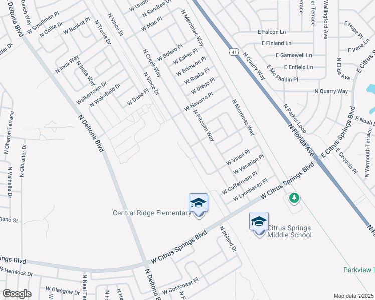 map of restaurants, bars, coffee shops, grocery stores, and more near 7930 North Vince Place in Citrus Springs