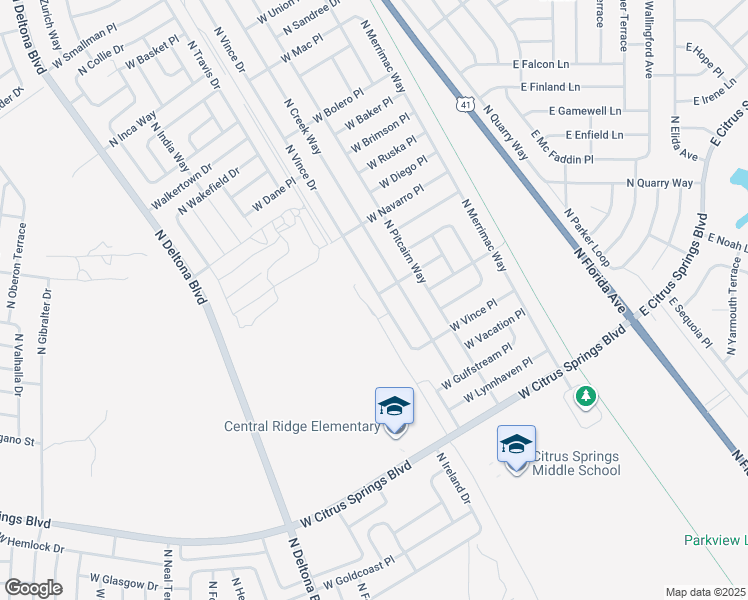 map of restaurants, bars, coffee shops, grocery stores, and more near 7930 North Vince Drive in Citrus Springs