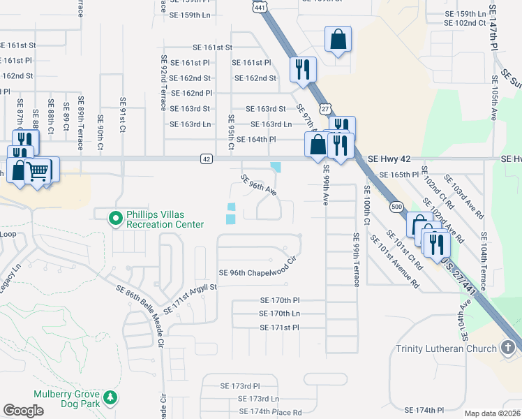 map of restaurants, bars, coffee shops, grocery stores, and more near 16681 Southeast 96th Court in Marion County