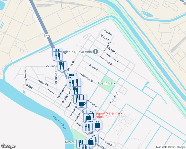 map of restaurants, bars, coffee shops, grocery stores, and more near 1617 North Avenue O in Freeport