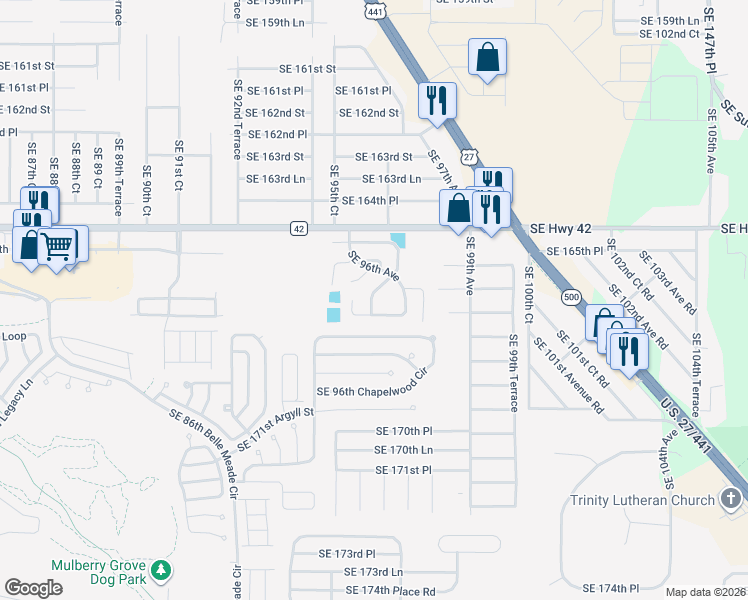 map of restaurants, bars, coffee shops, grocery stores, and more near 16681 Southeast 96th Court in Marion County