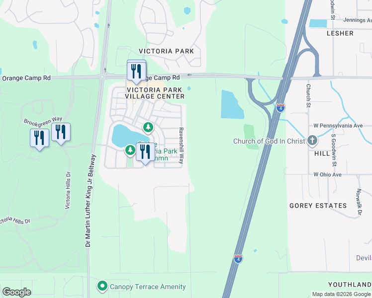 map of restaurants, bars, coffee shops, grocery stores, and more near 313 Ravenshill Way in DeLand