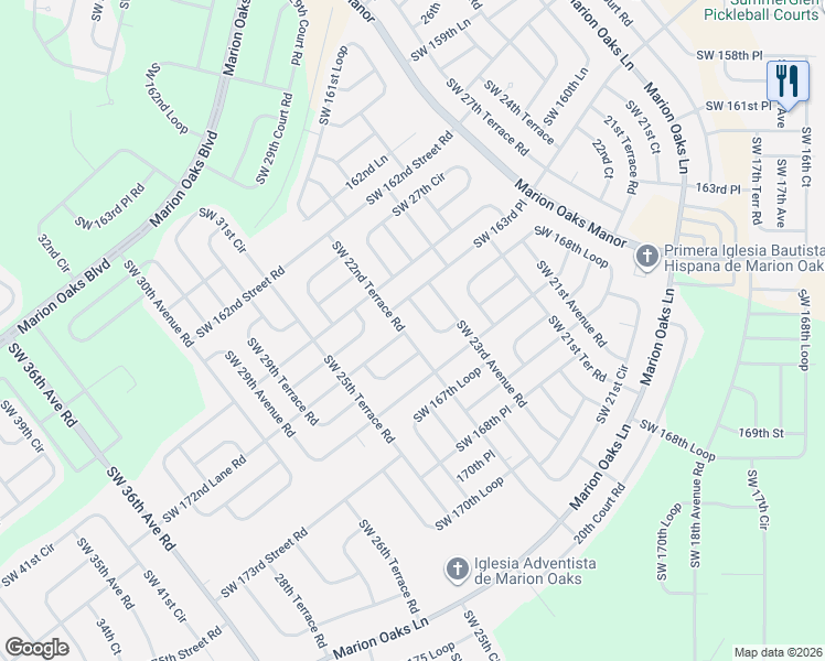 map of restaurants, bars, coffee shops, grocery stores, and more near 16689 Southwest 22nd Terrace Road in Ocala
