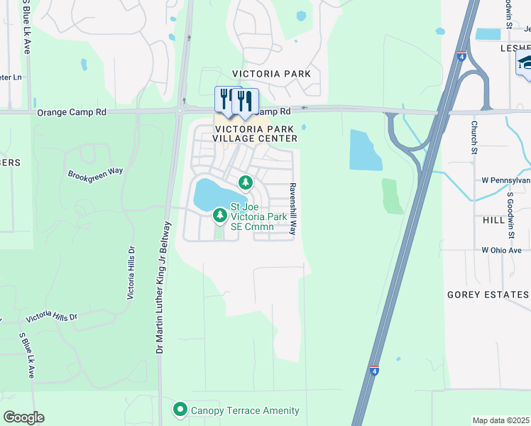 map of restaurants, bars, coffee shops, grocery stores, and more near 303 Manor View Lane in DeLand