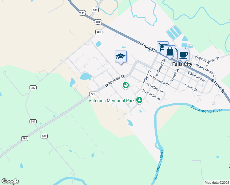 map of restaurants, bars, coffee shops, grocery stores, and more near 509 North Wilma Street in Falls City
