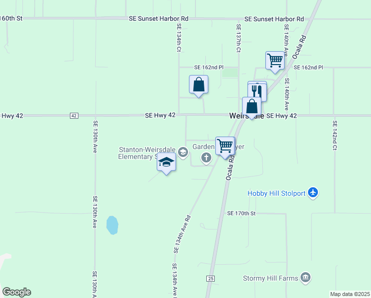 map of restaurants, bars, coffee shops, grocery stores, and more near 16700 Southeast 134th Terrace in Weirsdale
