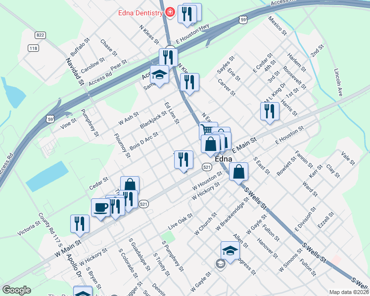 map of restaurants, bars, coffee shops, grocery stores, and more near 206 Cypress Street in Edna
