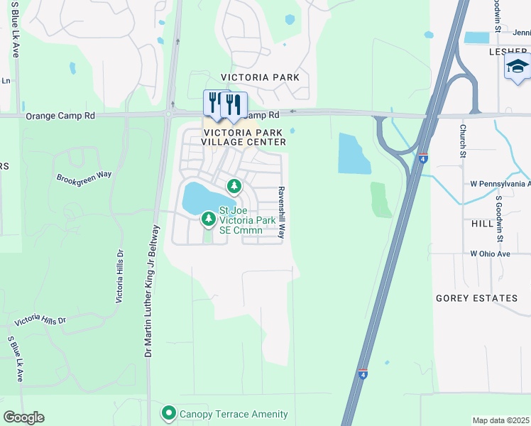 map of restaurants, bars, coffee shops, grocery stores, and more near 808 Carlyle Lane in DeLand