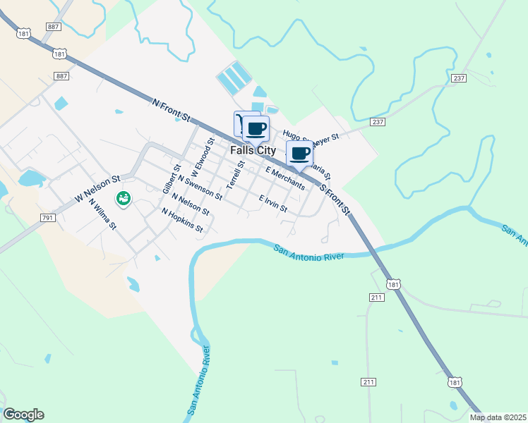 map of restaurants, bars, coffee shops, grocery stores, and more near 104 East Irvin Street in Falls City