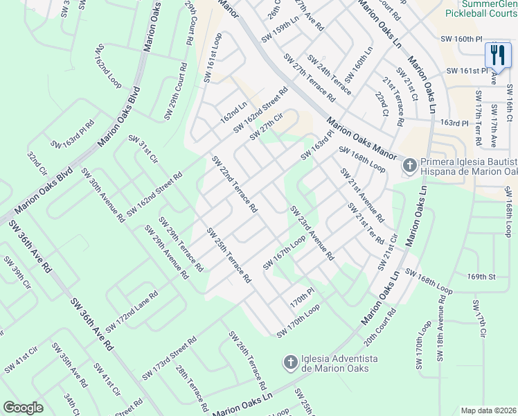 map of restaurants, bars, coffee shops, grocery stores, and more near 16689 Southwest 22nd Terrace Road in Ocala