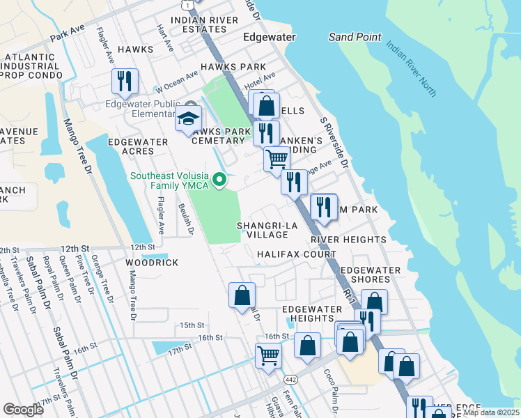 map of restaurants, bars, coffee shops, grocery stores, and more near 206 Shangri La Circle in Edgewater
