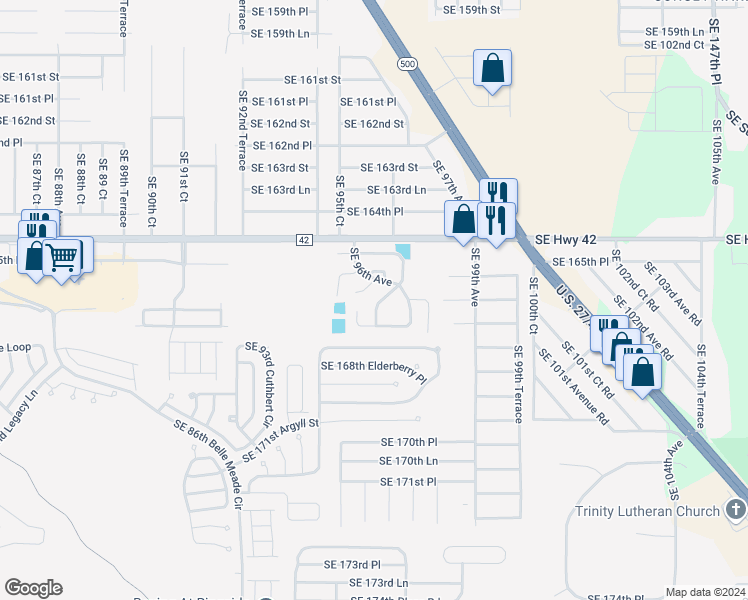 map of restaurants, bars, coffee shops, grocery stores, and more near 16668 Southeast 96th Court in Summerfield