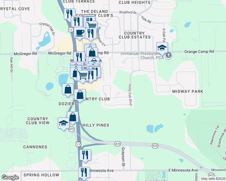 map of restaurants, bars, coffee shops, grocery stores, and more near 566 Morgan Wood Drive in DeLand