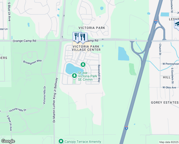 map of restaurants, bars, coffee shops, grocery stores, and more near 208 East Lake Victoria Circle in DeLand