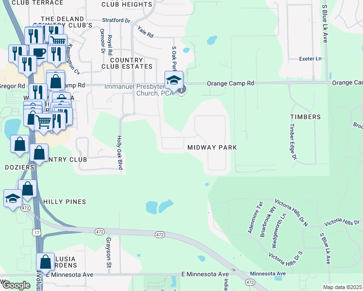 map of restaurants, bars, coffee shops, grocery stores, and more near 199 Point Pleasant Road in DeLand