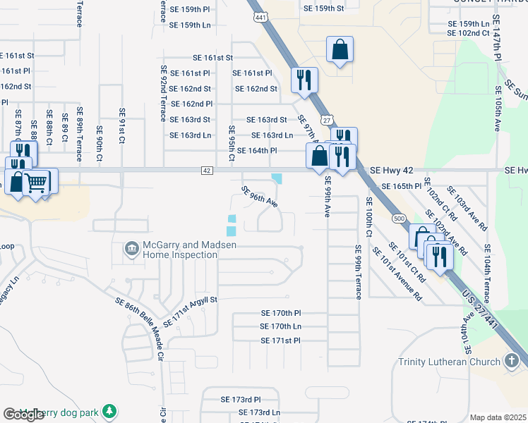 map of restaurants, bars, coffee shops, grocery stores, and more near 17527 Southeast 96th Court in Summerfield