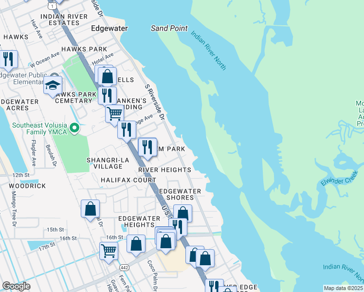 map of restaurants, bars, coffee shops, grocery stores, and more near 1321 South Riverside Drive in Edgewater