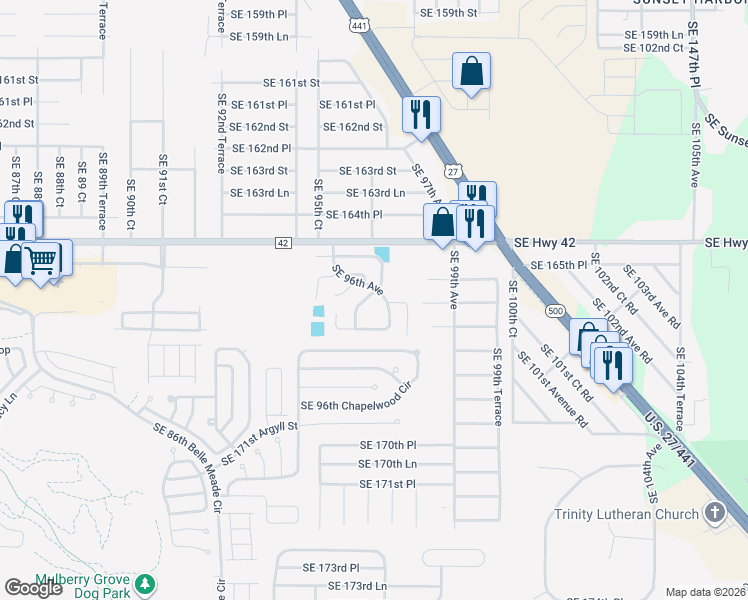 map of restaurants, bars, coffee shops, grocery stores, and more near 16666-16668 Southeast 96th Court in Summerfield