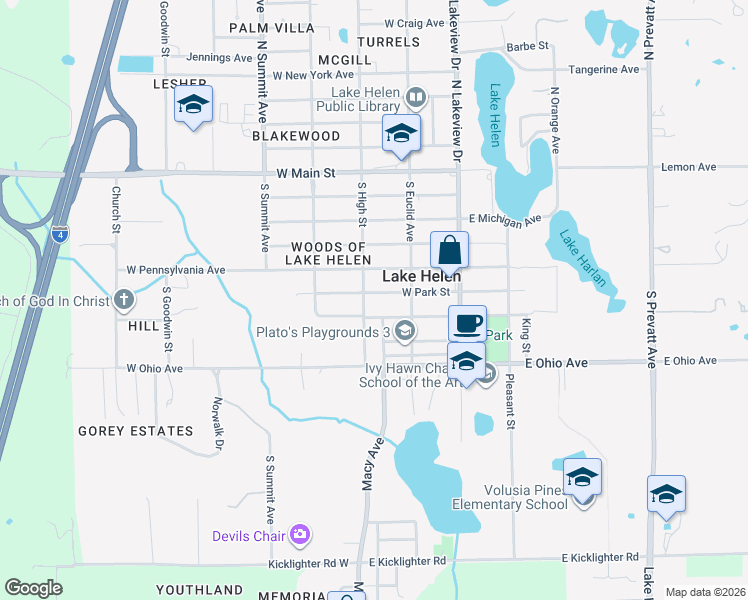 map of restaurants, bars, coffee shops, grocery stores, and more near 271 West Park Street in Lake Helen