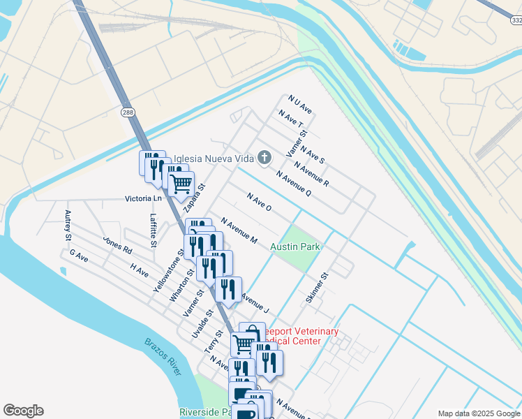 map of restaurants, bars, coffee shops, grocery stores, and more near 1617 North Avenue O in Freeport