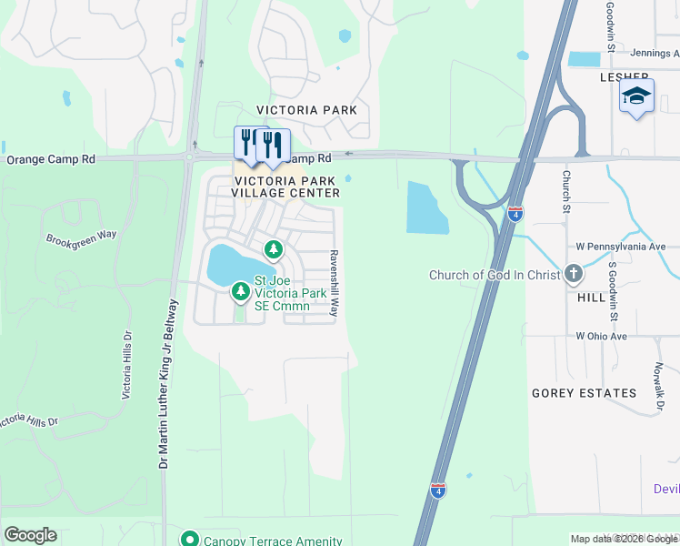map of restaurants, bars, coffee shops, grocery stores, and more near 313 Ravenshill Way in DeLand