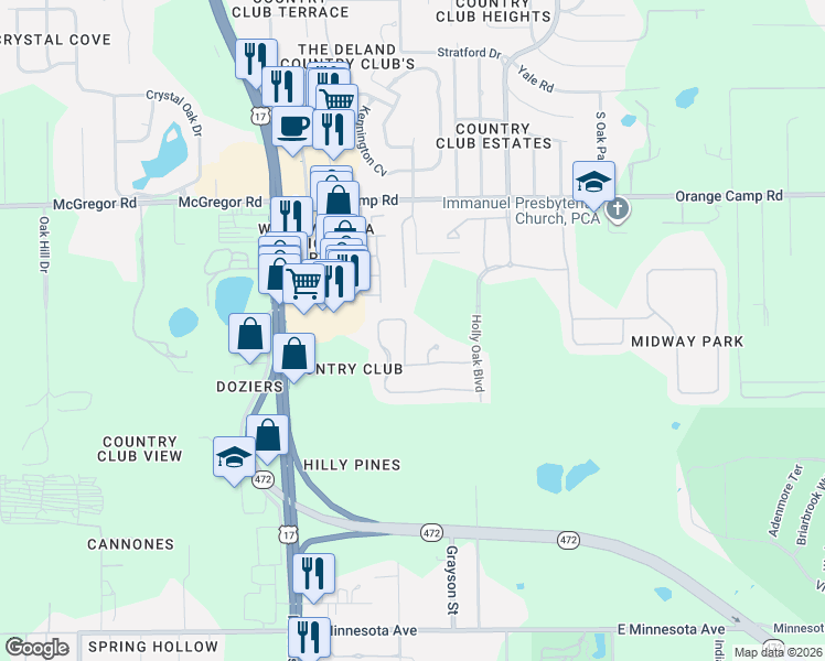 map of restaurants, bars, coffee shops, grocery stores, and more near 566 Morgan Wood Drive in DeLand