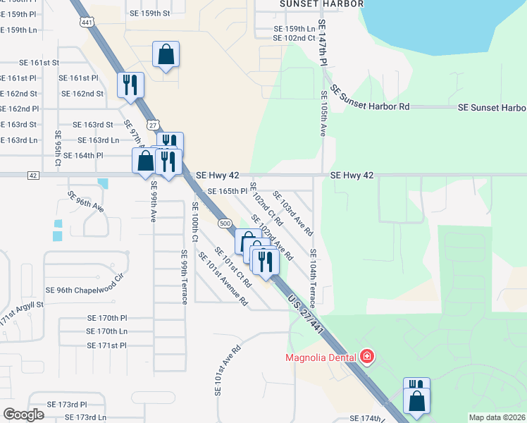 map of restaurants, bars, coffee shops, grocery stores, and more near 16620 Southeast 102nd Court Road in Summerfield