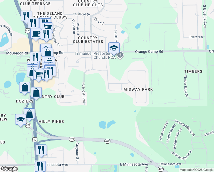 map of restaurants, bars, coffee shops, grocery stores, and more near 159 Point Pleasant Road in DeLand