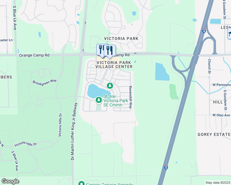 map of restaurants, bars, coffee shops, grocery stores, and more near 208 East Lake Victoria Circle in DeLand