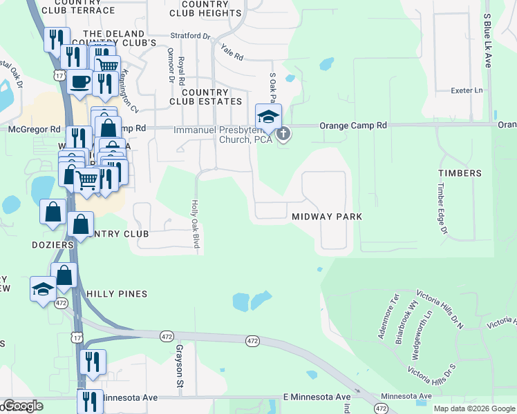 map of restaurants, bars, coffee shops, grocery stores, and more near 159 Point Pleasant Road in DeLand