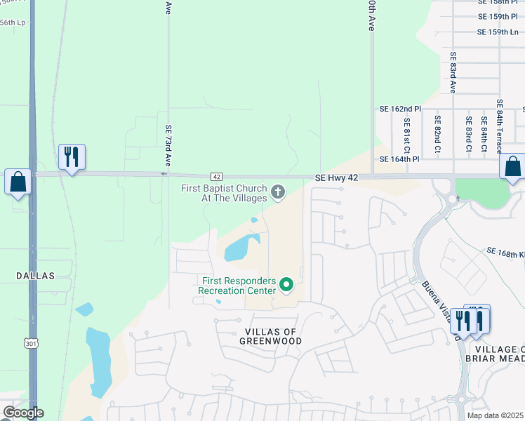 map of restaurants, bars, coffee shops, grocery stores, and more near 16523 Southeast 76th Chatham Avenue in The Villages