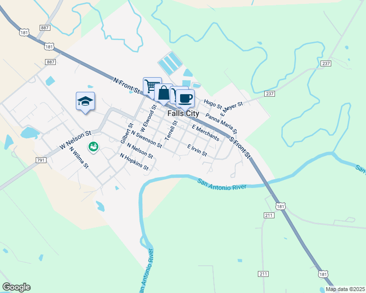 map of restaurants, bars, coffee shops, grocery stores, and more near 104 East Irvin Street in Falls City