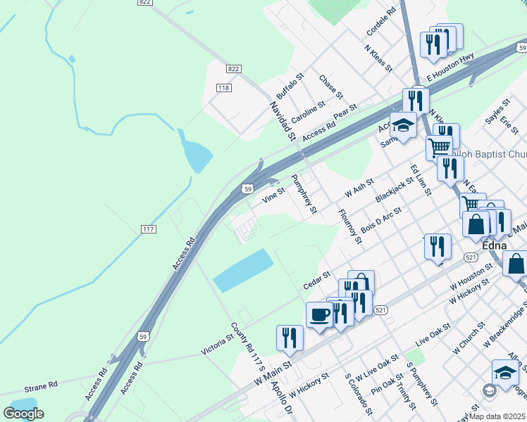 map of restaurants, bars, coffee shops, grocery stores, and more near 504 North Colorado Street in Edna