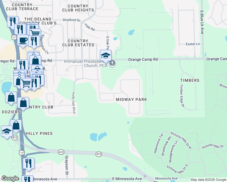 map of restaurants, bars, coffee shops, grocery stores, and more near 199 Point Pleasant Road in DeLand