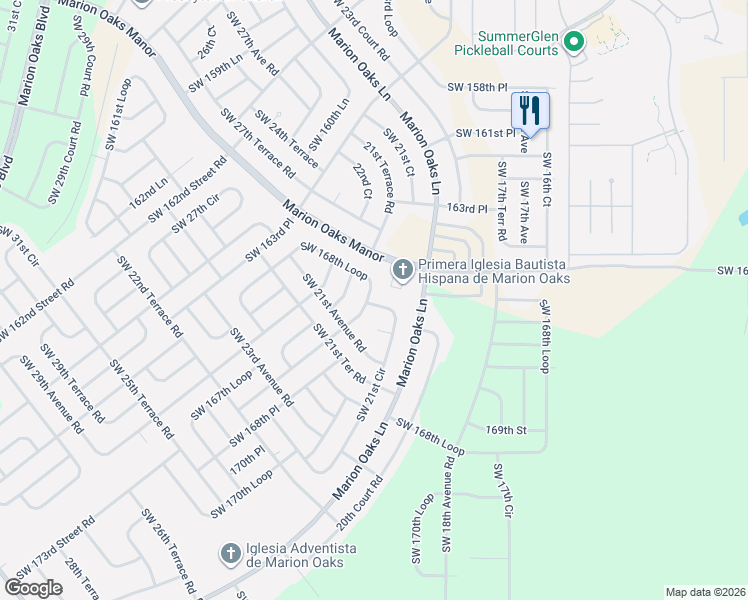 map of restaurants, bars, coffee shops, grocery stores, and more near 2121 Southwest 166th Lane in Ocala