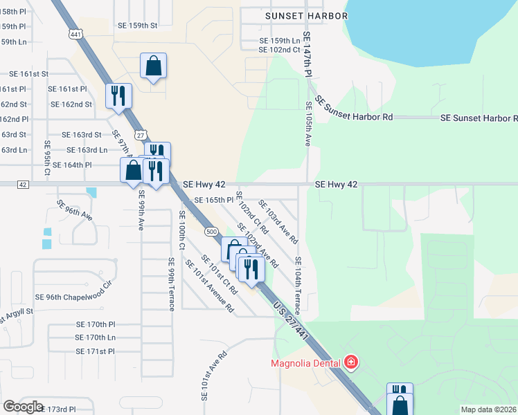 map of restaurants, bars, coffee shops, grocery stores, and more near 16620 Southeast 102nd Court Road in Summerfield