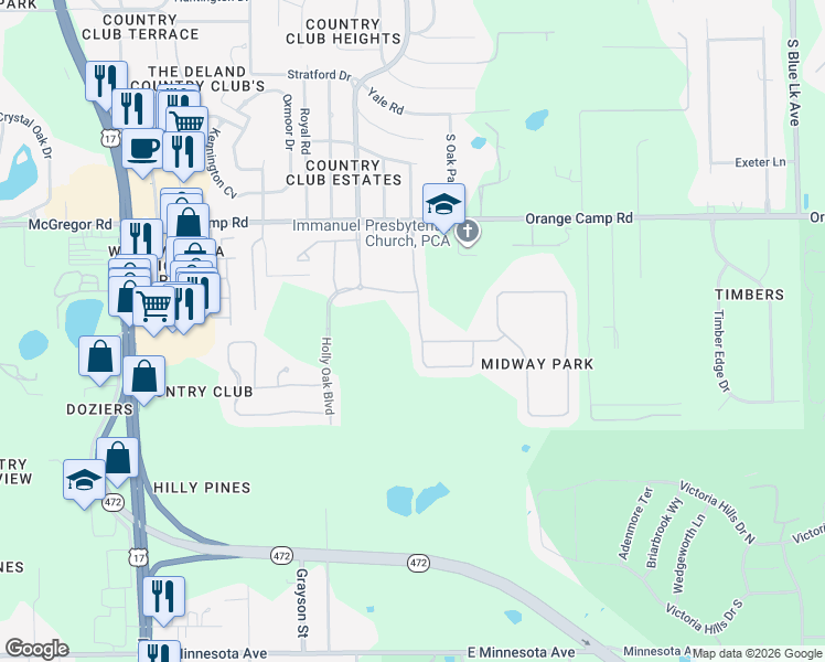 map of restaurants, bars, coffee shops, grocery stores, and more near 159 Point Pleasant Road in DeLand