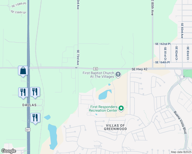 map of restaurants, bars, coffee shops, grocery stores, and more near 16605 Southeast 74th Soulliere Avenue in The Villages
