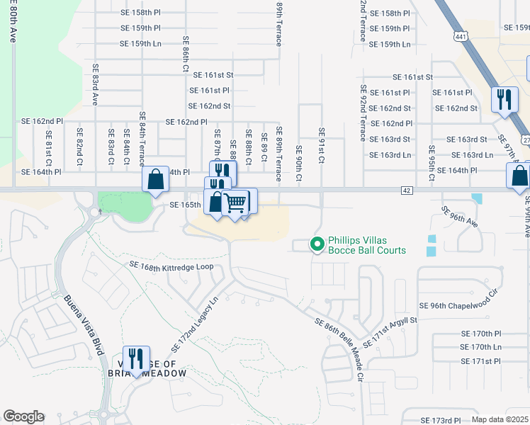 map of restaurants, bars, coffee shops, grocery stores, and more near 8900 Southeast 165th Mulberry Lane in The Villages