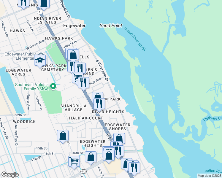 map of restaurants, bars, coffee shops, grocery stores, and more near 1321 South Riverside Drive in Edgewater