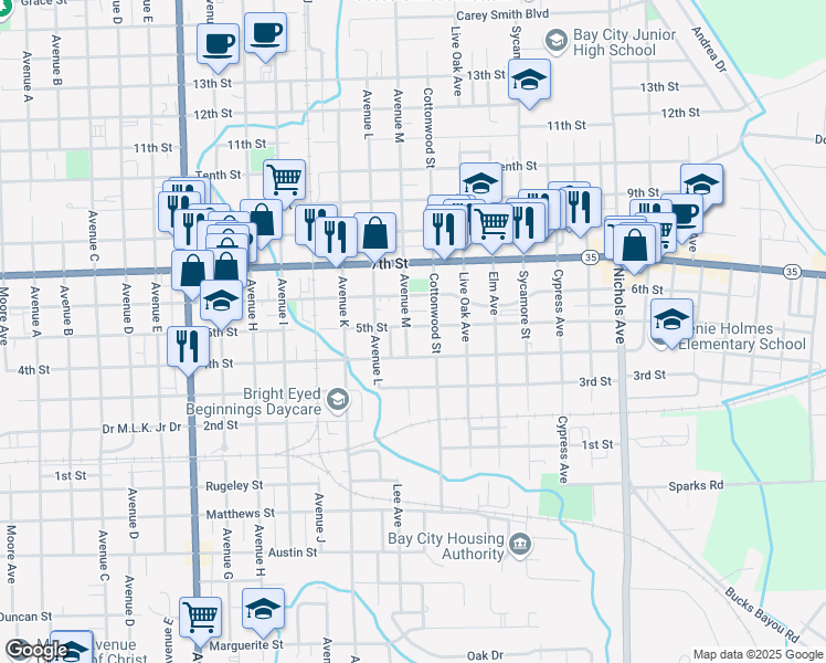 map of restaurants, bars, coffee shops, grocery stores, and more near 2417 5th Street in Bay City