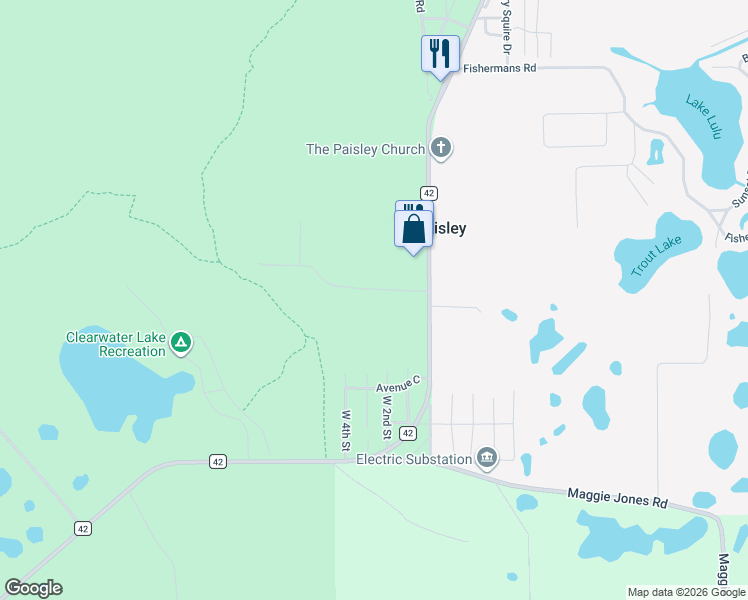 map of restaurants, bars, coffee shops, grocery stores, and more near 24647 Crooked Mile Road in Paisley