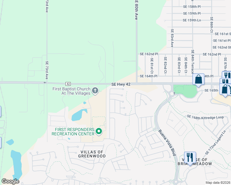 map of restaurants, bars, coffee shops, grocery stores, and more near 16576 Southeast 77th Northridge Court in The Villages