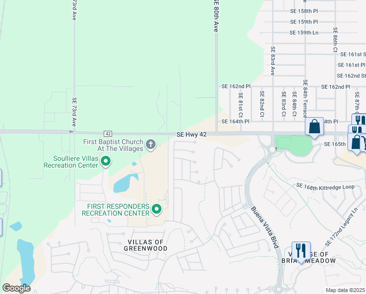 map of restaurants, bars, coffee shops, grocery stores, and more near 16576 Southeast 77th Northridge Court in The Villages