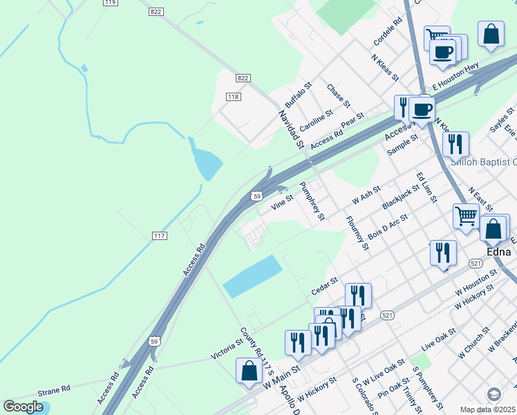 map of restaurants, bars, coffee shops, grocery stores, and more near 504 North Colorado Street in Edna
