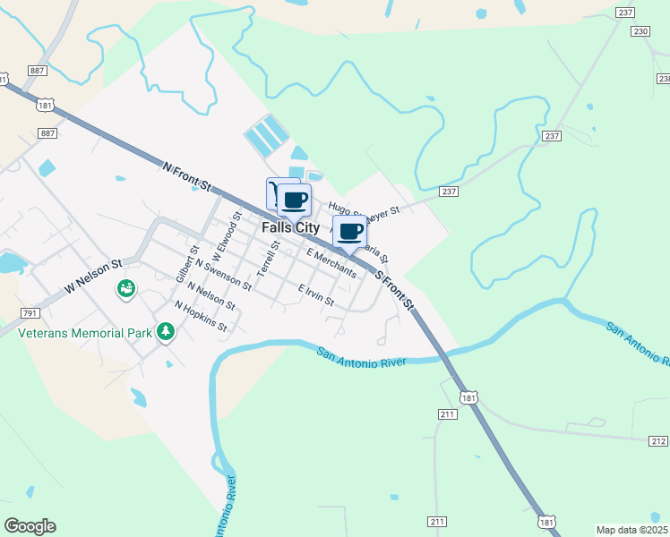 map of restaurants, bars, coffee shops, grocery stores, and more near 105 West Menger Street in Falls City