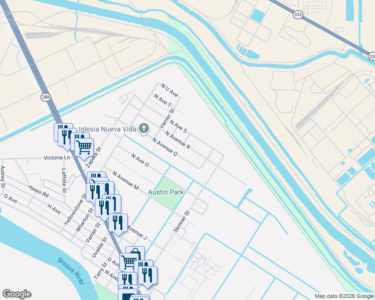 map of restaurants, bars, coffee shops, grocery stores, and more near 1503 North Avenue R in Freeport