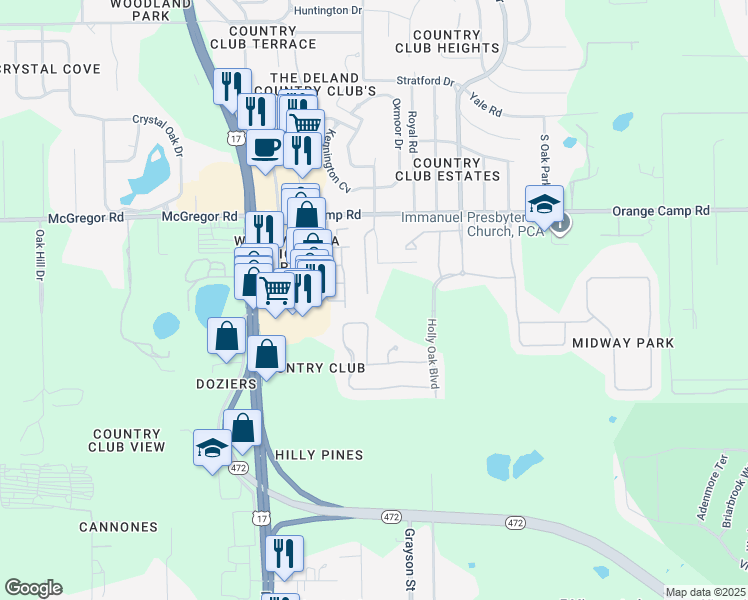 map of restaurants, bars, coffee shops, grocery stores, and more near 2595 South Glen Eagles Drive in DeLand