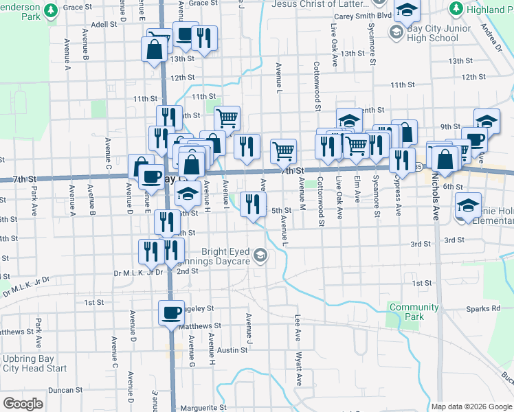 map of restaurants, bars, coffee shops, grocery stores, and more near 2216 Avenue K in Bay City